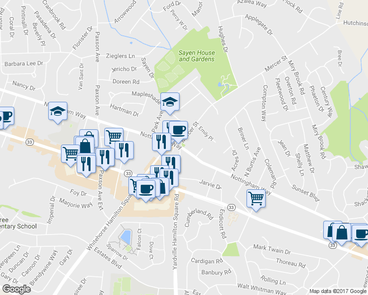 map of restaurants, bars, coffee shops, grocery stores, and more near 3708 Nottingham Way in Hamilton Township