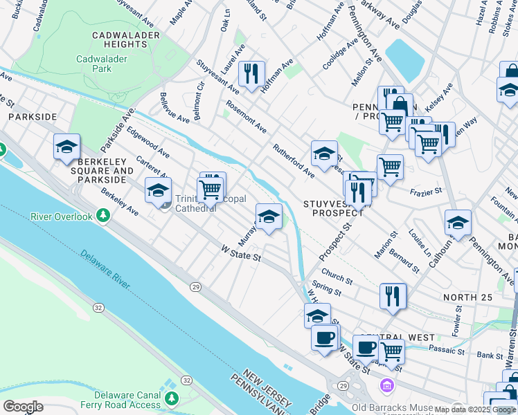 map of restaurants, bars, coffee shops, grocery stores, and more near 615 Artisan Street in Trenton