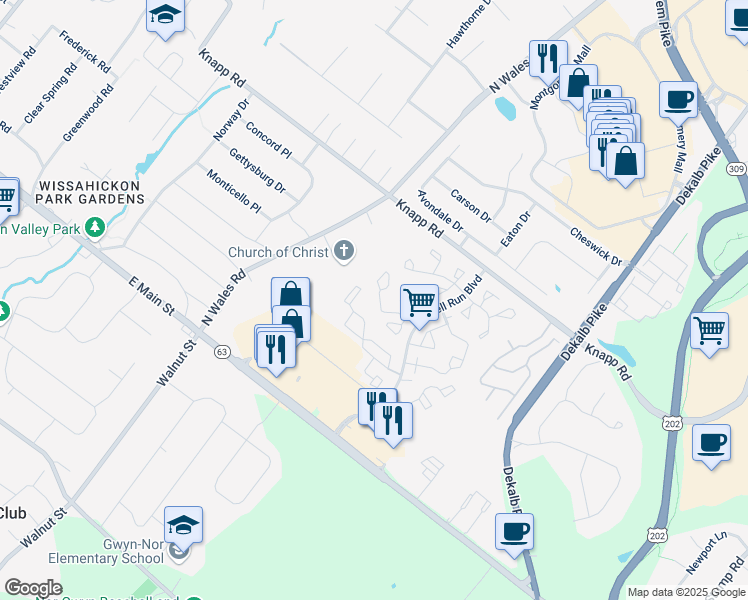 map of restaurants, bars, coffee shops, grocery stores, and more near 4305 Congress Court in North Wales