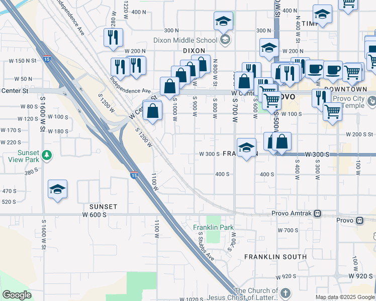 map of restaurants, bars, coffee shops, grocery stores, and more near 930 West 300 South in Provo