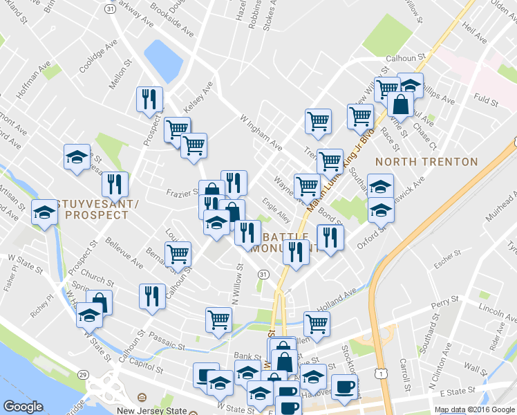 map of restaurants, bars, coffee shops, grocery stores, and more near 129 Fountain Avenue in Trenton