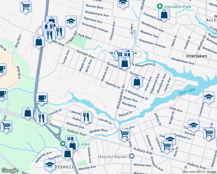 map of restaurants, bars, coffee shops, grocery stores, and more near 2204 Appleby Drive in Wanamassa