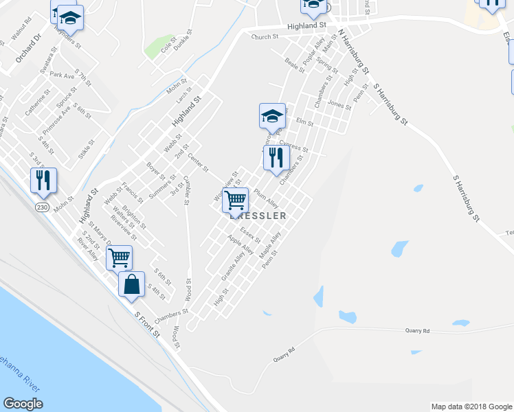 map of restaurants, bars, coffee shops, grocery stores, and more near in Harrisburg