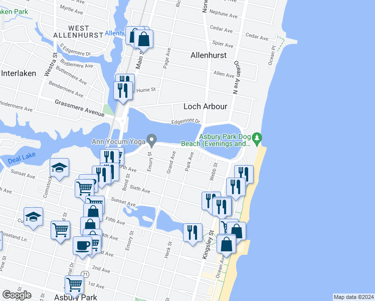 map of restaurants, bars, coffee shops, grocery stores, and more near 400 Deal Lake Drive in Asbury Park