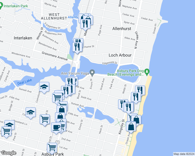 map of restaurants, bars, coffee shops, grocery stores, and more near 500 Deal Lake Drive in Asbury Park