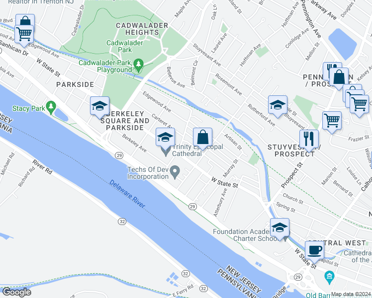 map of restaurants, bars, coffee shops, grocery stores, and more near 738 West State Street in Trenton