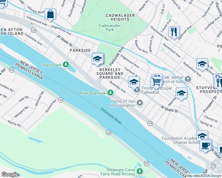 map of restaurants, bars, coffee shops, grocery stores, and more near 901 Berkeley Avenue in Trenton