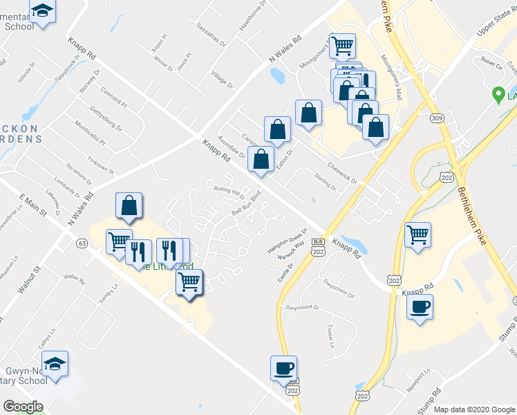 map of restaurants, bars, coffee shops, grocery stores, and more near 100 Signal Hill Ct N in North Wales