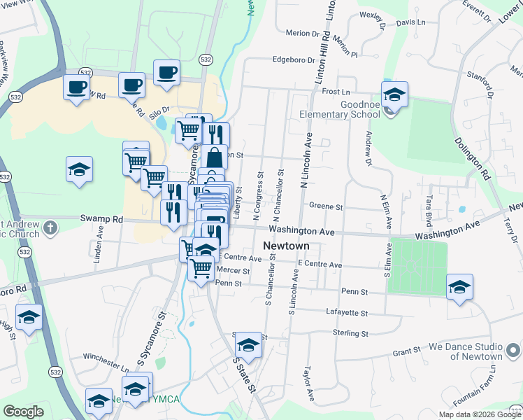 map of restaurants, bars, coffee shops, grocery stores, and more near 25 North Congress Street in Newtown
