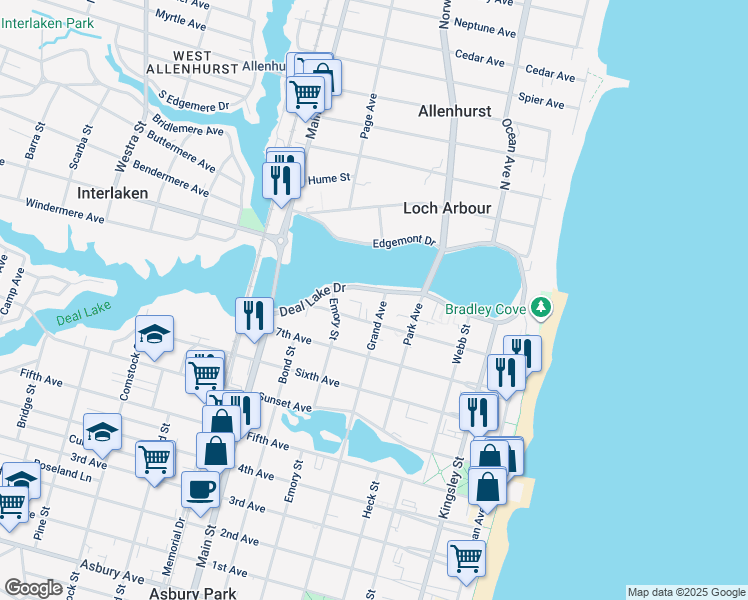 map of restaurants, bars, coffee shops, grocery stores, and more near 500 Deal Lake Drive in Asbury Park