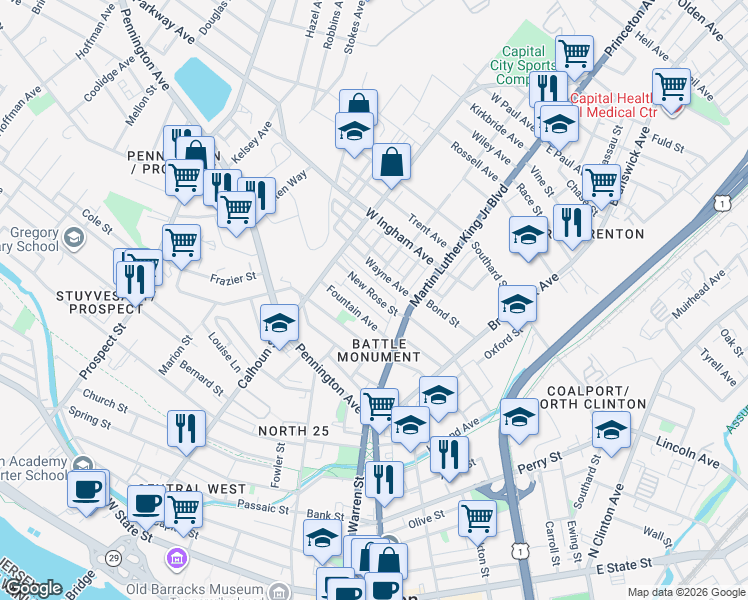 map of restaurants, bars, coffee shops, grocery stores, and more near 43 New Rose Street in Trenton