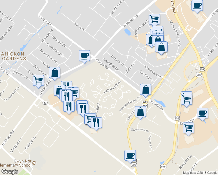 map of restaurants, bars, coffee shops, grocery stores, and more near 5601 Constitution Court in North Wales