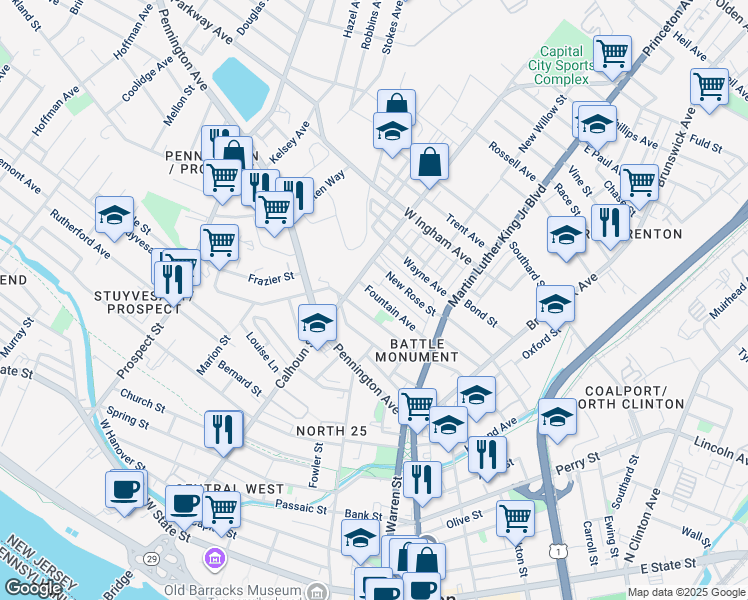 map of restaurants, bars, coffee shops, grocery stores, and more near 135 Fountain Avenue in Trenton
