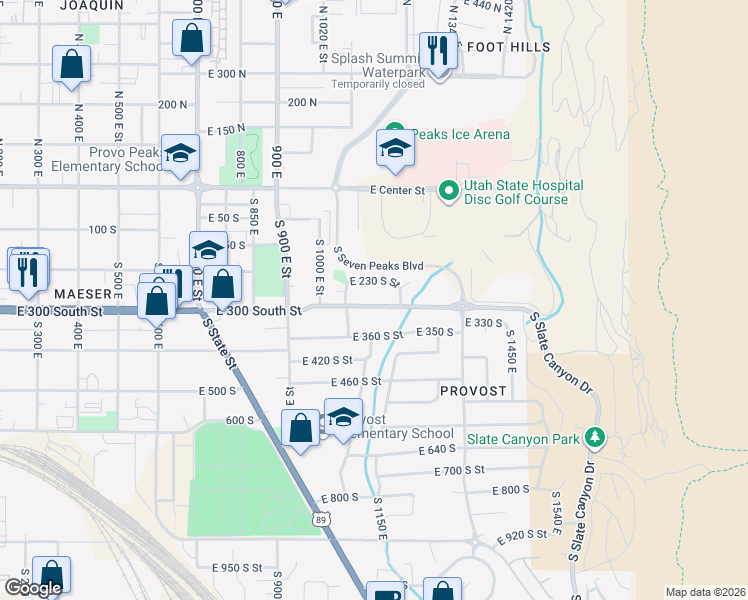 map of restaurants, bars, coffee shops, grocery stores, and more near 1143 East 300 South in Provo
