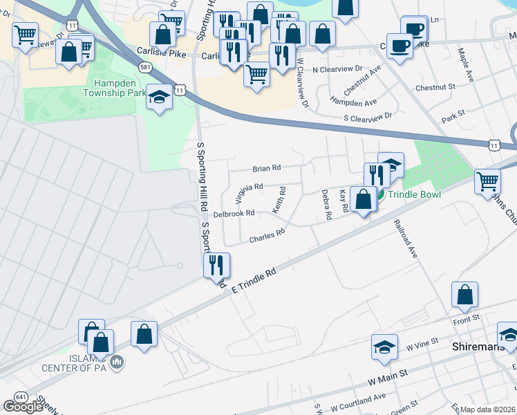 map of restaurants, bars, coffee shops, grocery stores, and more near 4811 Delbrook Rd in Mechanicsburg