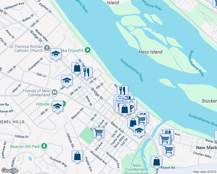 map of restaurants, bars, coffee shops, grocery stores, and more near 115 5th Avenue in New Cumberland
