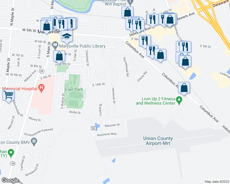 map of restaurants, bars, coffee shops, grocery stores, and more near 134 Hemlock Drive in Marysville