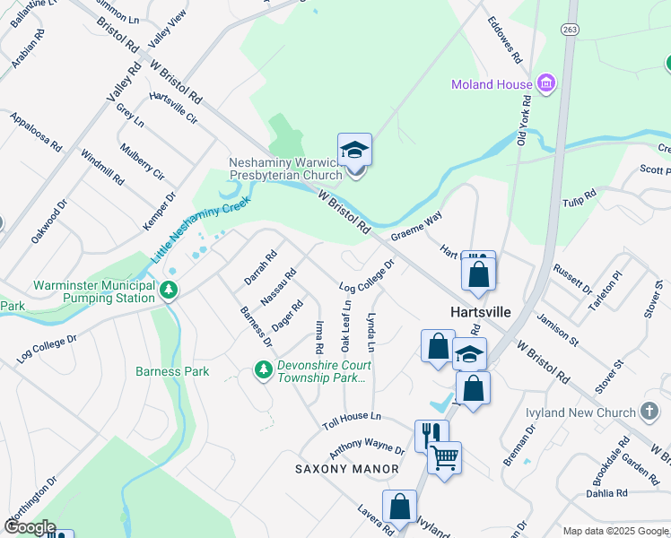 map of restaurants, bars, coffee shops, grocery stores, and more near 1202 Log College Drive in Warminster