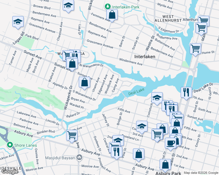 map of restaurants, bars, coffee shops, grocery stores, and more near 1406 Sunset Avenue in Wanamassa