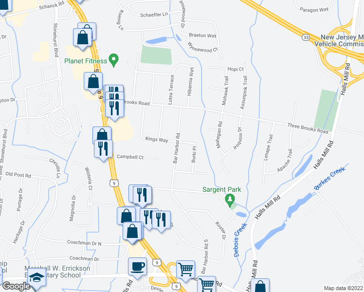 map of restaurants, bars, coffee shops, grocery stores, and more near 71 Burki Place in Freehold