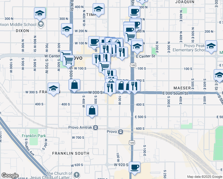 map of restaurants, bars, coffee shops, grocery stores, and more near 176 West 300 South in Provo