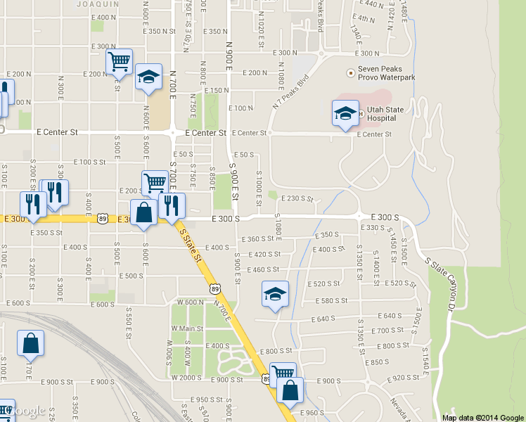 map of restaurants, bars, coffee shops, grocery stores, and more near 1005 East 300 South in Provo