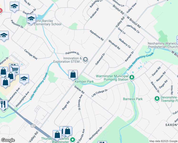 map of restaurants, bars, coffee shops, grocery stores, and more near 1004 Oakwood Drive in Warminster