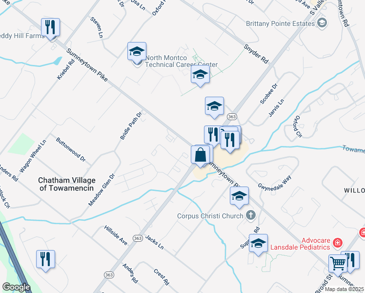 map of restaurants, bars, coffee shops, grocery stores, and more near 616 Poplar Court in Lansdale