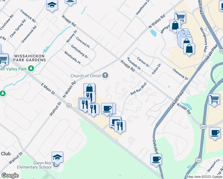 map of restaurants, bars, coffee shops, grocery stores, and more near 3007 Maryanne's Court in North Wales