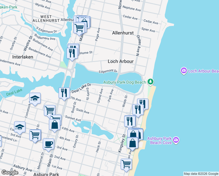 map of restaurants, bars, coffee shops, grocery stores, and more near 400 Deal Lake Drive in Asbury Park