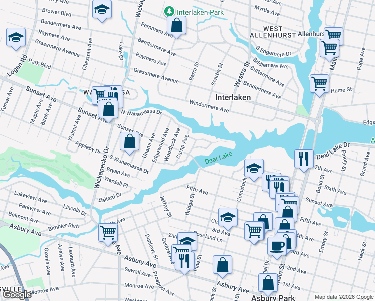 map of restaurants, bars, coffee shops, grocery stores, and more near 1303 Sunset Avenue in Wanamassa