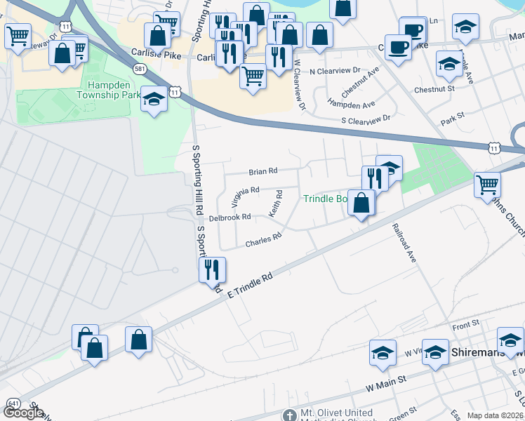 map of restaurants, bars, coffee shops, grocery stores, and more near 4811 Delbrook Road in Mechanicsburg