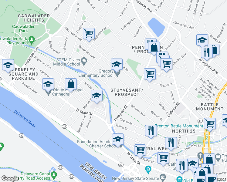 map of restaurants, bars, coffee shops, grocery stores, and more near 466 Bellevue Avenue in Trenton