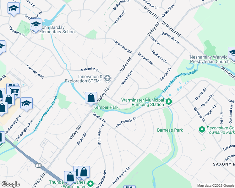 map of restaurants, bars, coffee shops, grocery stores, and more near 1011 Oakwood Drive in Warminster