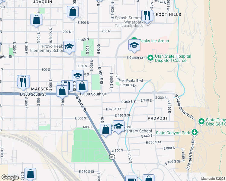 map of restaurants, bars, coffee shops, grocery stores, and more near 1005 East 300 South in Provo