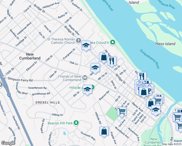 map of restaurants, bars, coffee shops, grocery stores, and more near 409 9th Street in New Cumberland