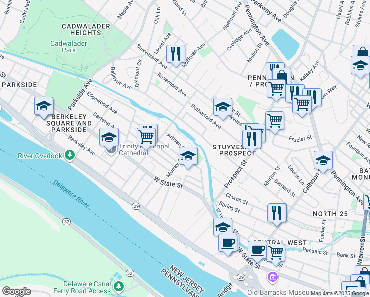 map of restaurants, bars, coffee shops, grocery stores, and more near 615 Artisan Street in Trenton