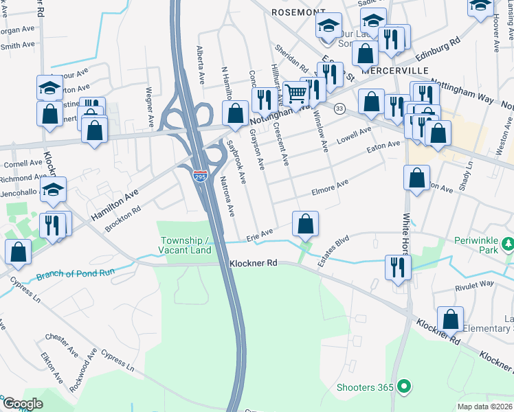 map of restaurants, bars, coffee shops, grocery stores, and more near 171 Saybrook Avenue in Hamilton Township