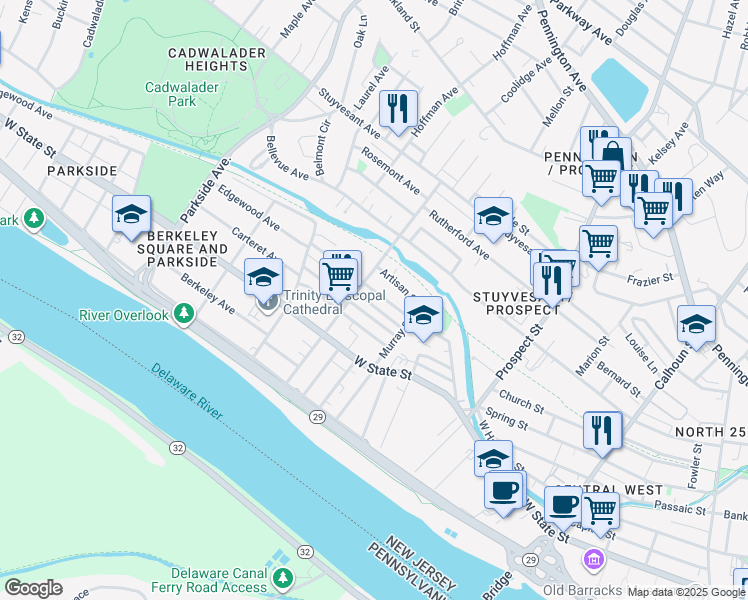 map of restaurants, bars, coffee shops, grocery stores, and more near 651 Edgewood Avenue in Trenton
