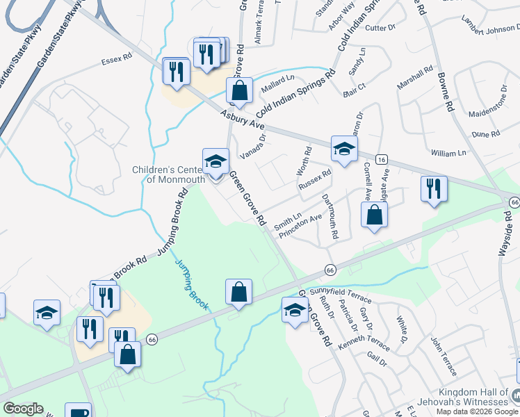 map of restaurants, bars, coffee shops, grocery stores, and more near 1103 Green Grove Road in Neptune City