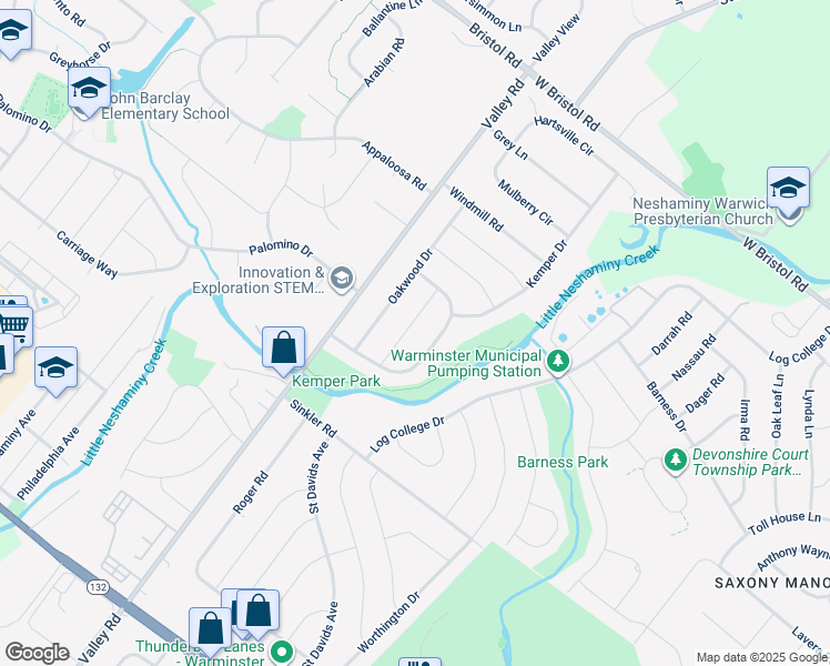 map of restaurants, bars, coffee shops, grocery stores, and more near 1027 Red Barn Road in Warminster