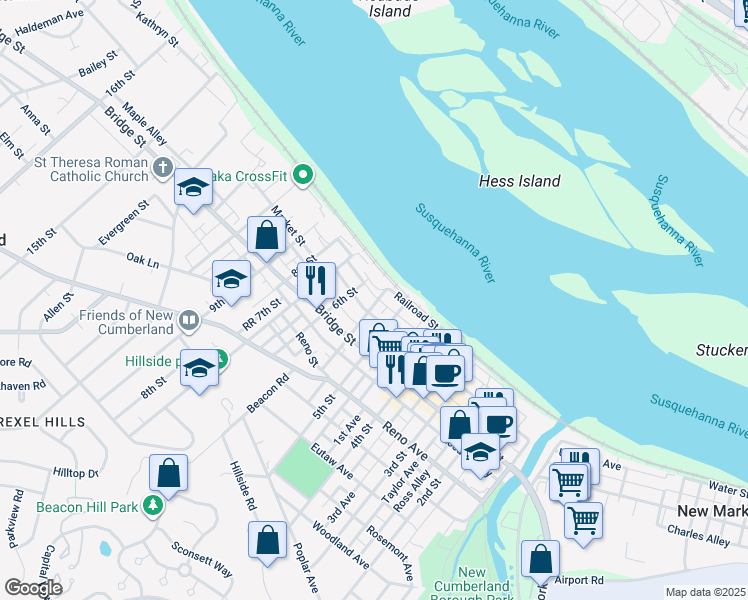 map of restaurants, bars, coffee shops, grocery stores, and more near 115 5th Avenue in New Cumberland