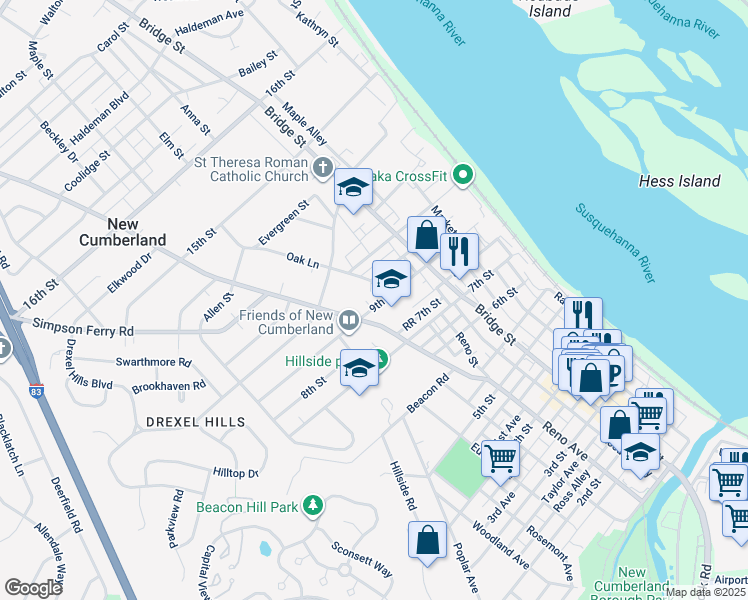 map of restaurants, bars, coffee shops, grocery stores, and more near 409 9th Street in New Cumberland