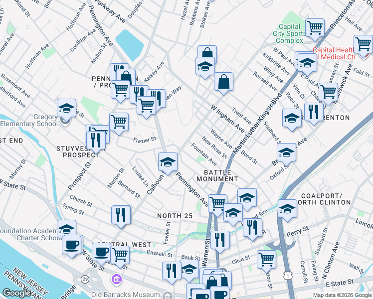 map of restaurants, bars, coffee shops, grocery stores, and more near 131 Sweets Avenue in Trenton