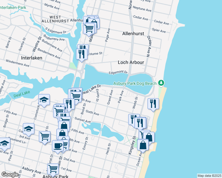 map of restaurants, bars, coffee shops, grocery stores, and more near 510 Deal Lake Drive in Asbury Park