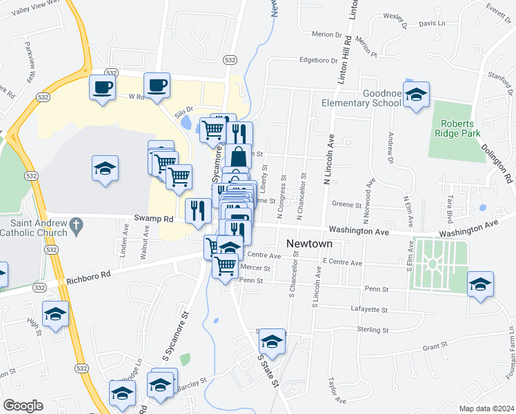 map of restaurants, bars, coffee shops, grocery stores, and more near 24 Liberty Street in Newtown