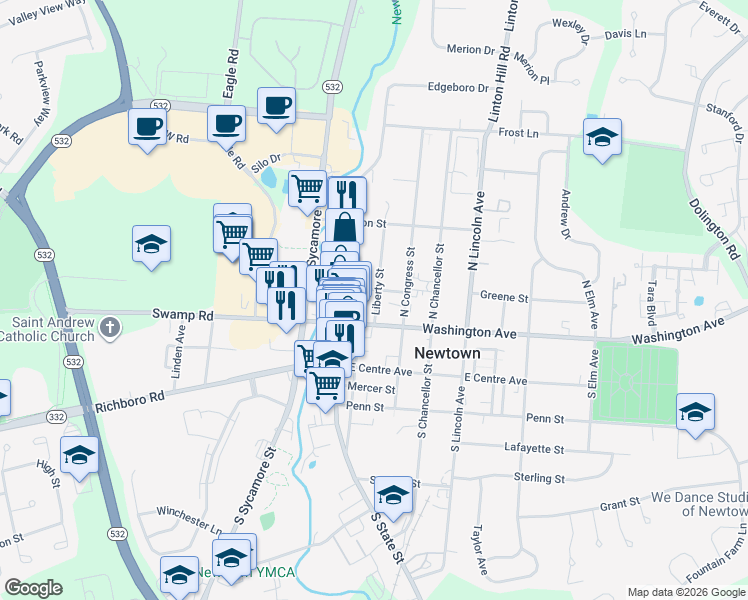 map of restaurants, bars, coffee shops, grocery stores, and more near 26 Liberty Street in Newtown