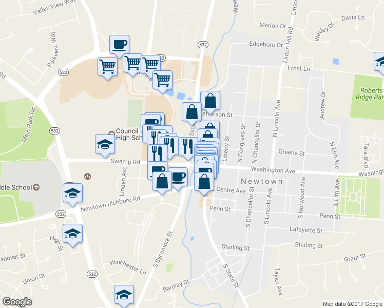 map of restaurants, bars, coffee shops, grocery stores, and more near 5 North Sycamore Street in Newtown