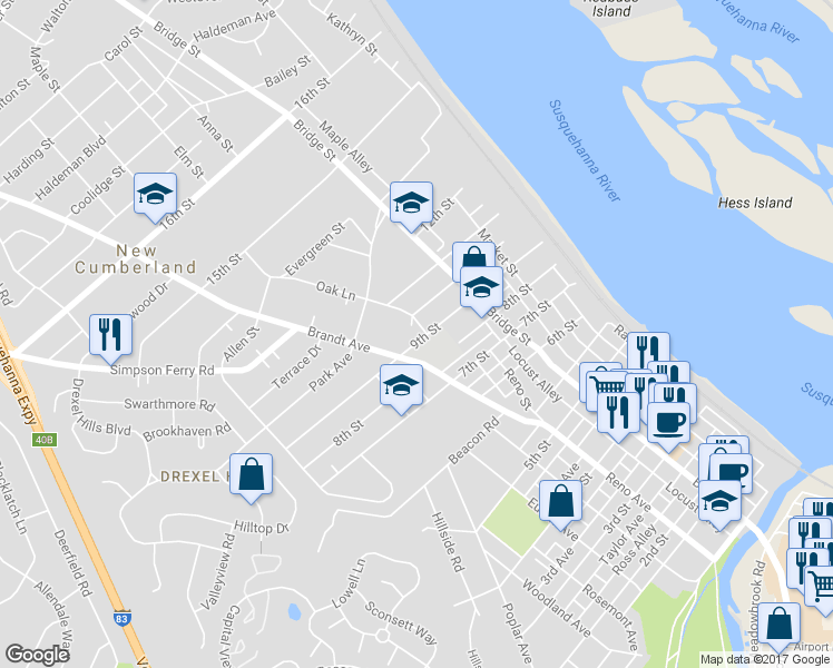 map of restaurants, bars, coffee shops, grocery stores, and more near 407 9th Street in New Cumberland