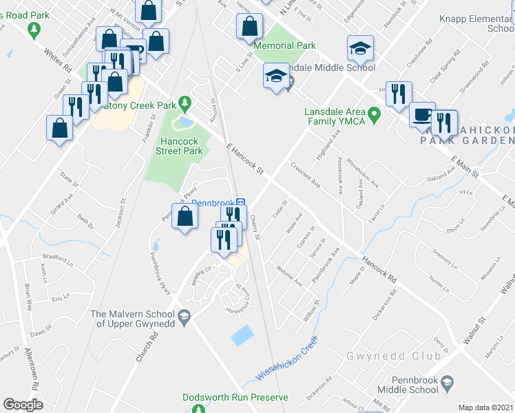 map of restaurants, bars, coffee shops, grocery stores, and more near 447 Church Rd in Lansdale